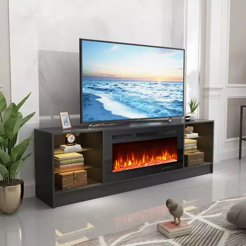 Meuble TV de cheminée Erommy avec cheminée électrique de 40 pouces, centre de divertissement avec étagères en verre réglables, console TV pour téléviseurs jusqu'à 79 pouces