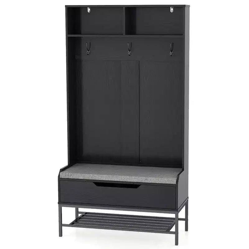 69 Armadio Appendiabiti con Panca Imbottita, Vani Aperti, Ganci, Vano Contenitore con Coperchio Sollevabile Bianco/Nero/Marrone Rustico