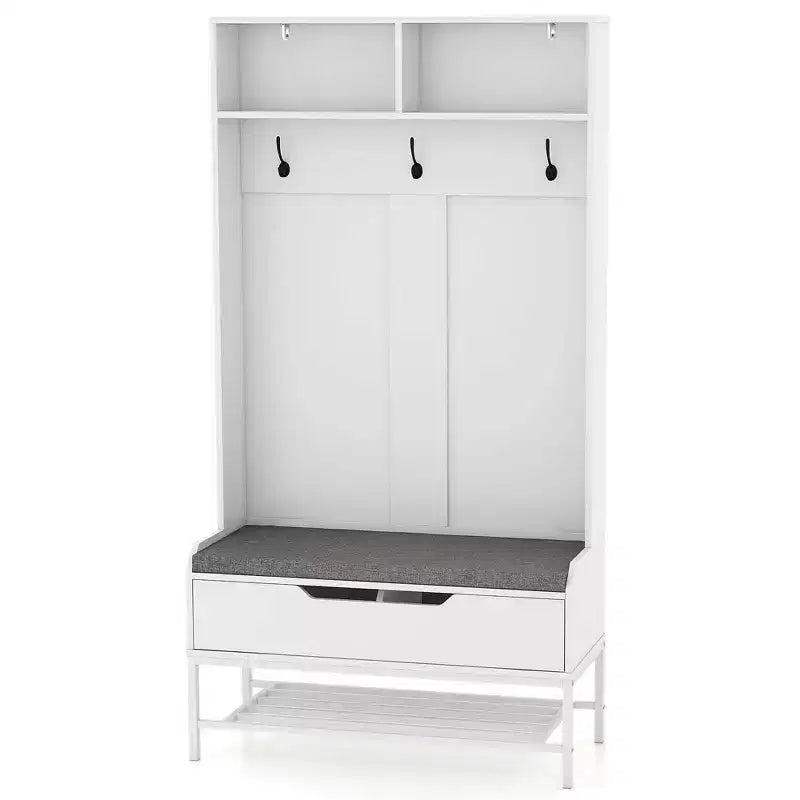 69 Armadio Appendiabiti con Panca Imbottita, Vani Aperti, Ganci, Vano Contenitore con Coperchio Sollevabile Bianco/Nero/Marrone Rustico