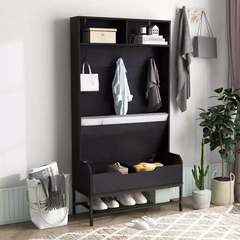69 Armadio Appendiabiti con Panca Imbottita, Vani Aperti, Ganci, Vano Contenitore con Coperchio Sollevabile Bianco/Nero/Marrone Rustico