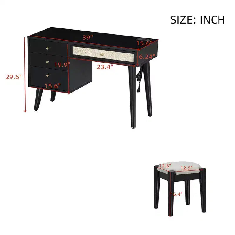 39 Wooden Makeup Vanity Set with Charging Plug &USB Port and Stool, Dressing Table with 3 Storage Drawers and 1 Rectangular Rattan Drawer