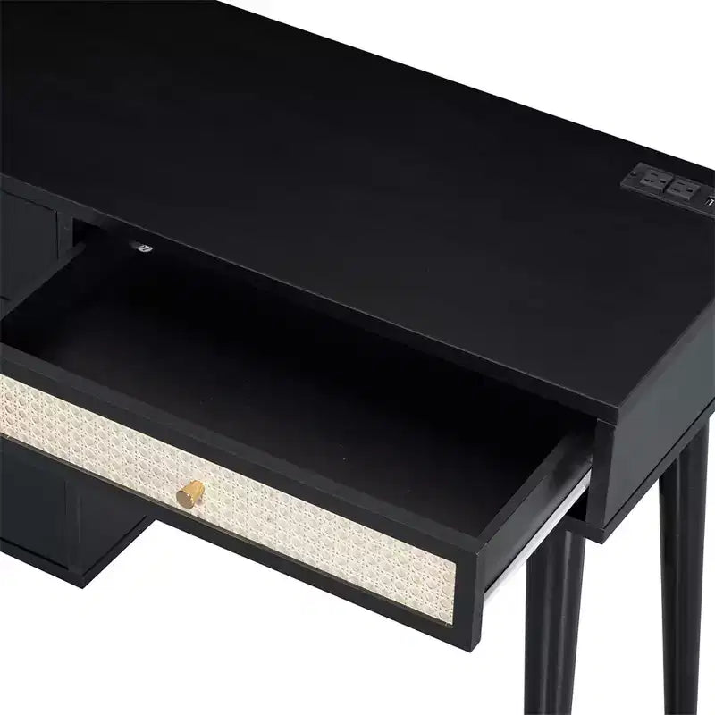39 Wooden Makeup Vanity Set with Charging Plug &USB Port and Stool, Dressing Table with 3 Storage Drawers and 1 Rectangular Rattan Drawer