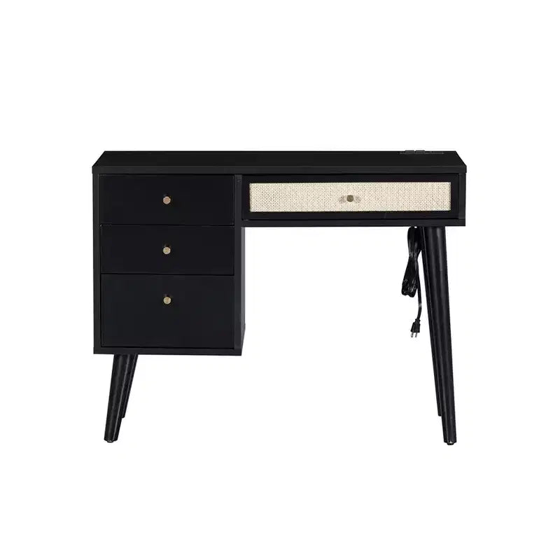 39 Wooden Makeup Vanity Set with Charging Plug &USB Port and Stool, Dressing Table with 3 Storage Drawers and 1 Rectangular Rattan Drawer