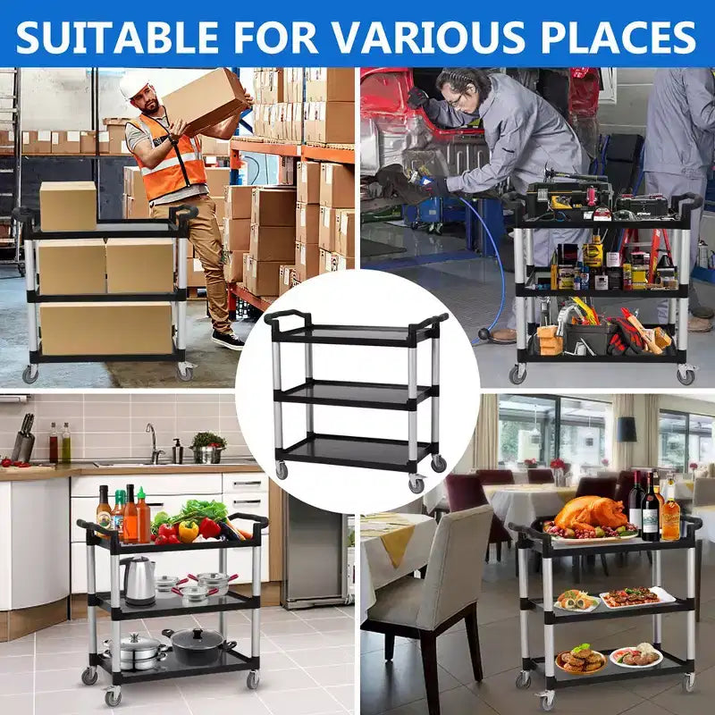 Utility Service Cart with Brake Wheel, 3 Shelf 360LBS Heavy Duty Rolling Service Cart with 360 Swivel Wheels, Restaurant Food Cart with Hammer