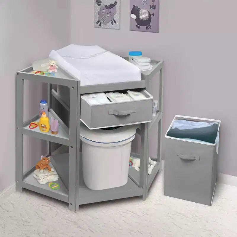 Badger Basket Diaper Corner Baby Changing Table with Hamper and Basket