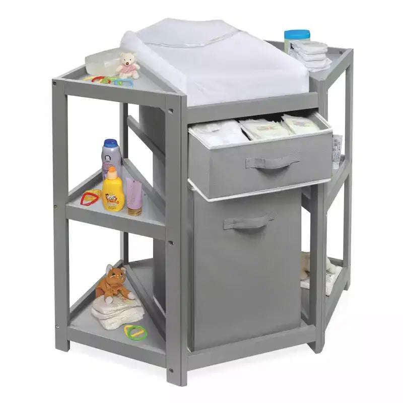 Badger Basket Diaper Corner Baby Changing Table with Hamper and Basket