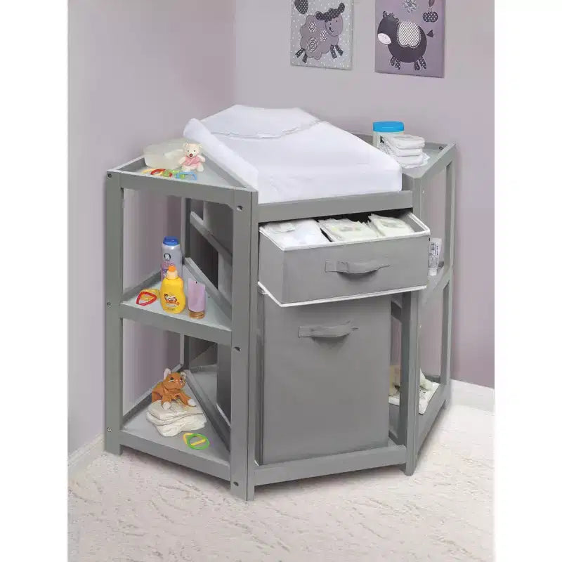 Badger Basket Diaper Corner Baby Changing Table with Hamper and Basket