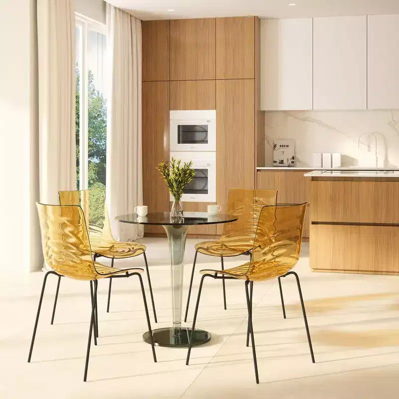 LeisureMod Astor Plastic Dining Chairs Set of 4  Water Ripple Design with Black Stainless Steel Legs, Modern Accent Chairs for Kitchen, Dining Room