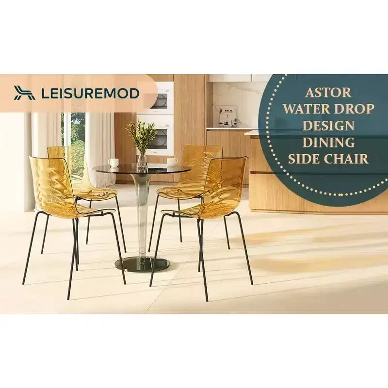 LeisureMod Astor Plastic Dining Chairs Set of 4  Water Ripple Design with Black Stainless Steel Legs, Modern Accent Chairs for Kitchen, Dining Room