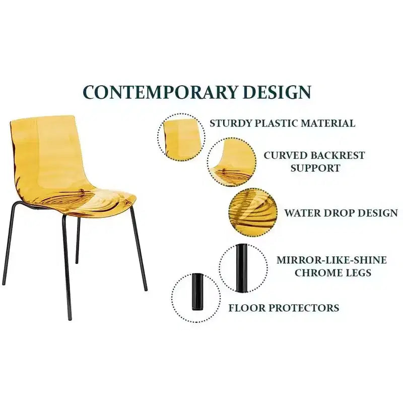 LeisureMod Astor Plastic Dining Chairs Set of 4  Water Ripple Design with Black Stainless Steel Legs, Modern Accent Chairs for Kitchen, Dining Room