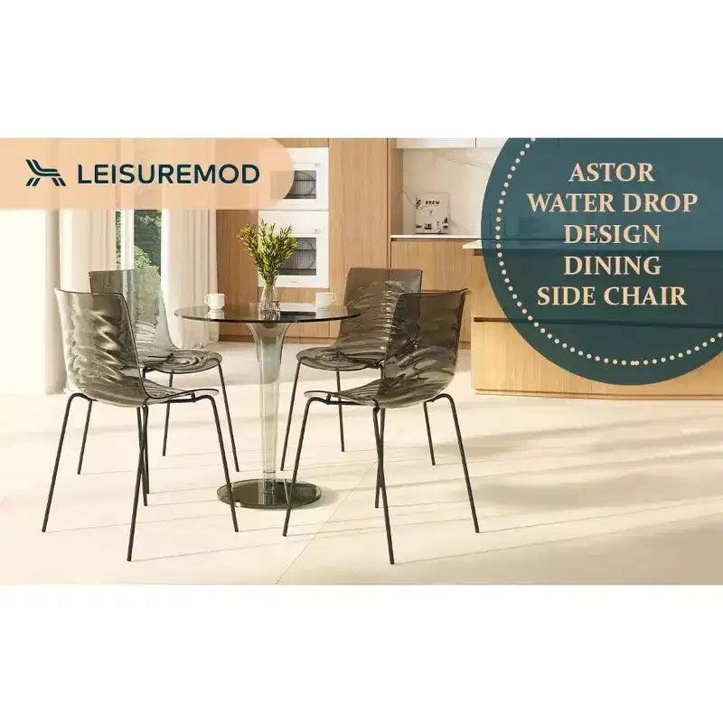 LeisureMod Astor Plastic Dining Chairs Set of 4  Water Ripple Design with Black Stainless Steel Legs, Modern Accent Chairs for Kitchen, Dining Room