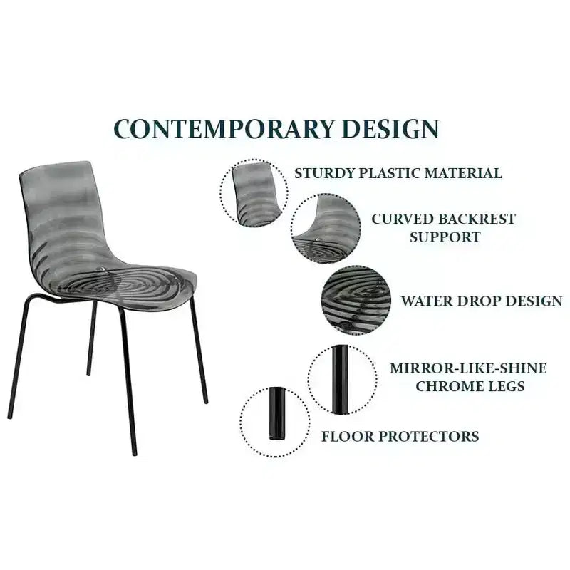 LeisureMod Astor Plastic Dining Chairs Set of 4  Water Ripple Design with Black Stainless Steel Legs, Modern Accent Chairs for Kitchen, Dining Room