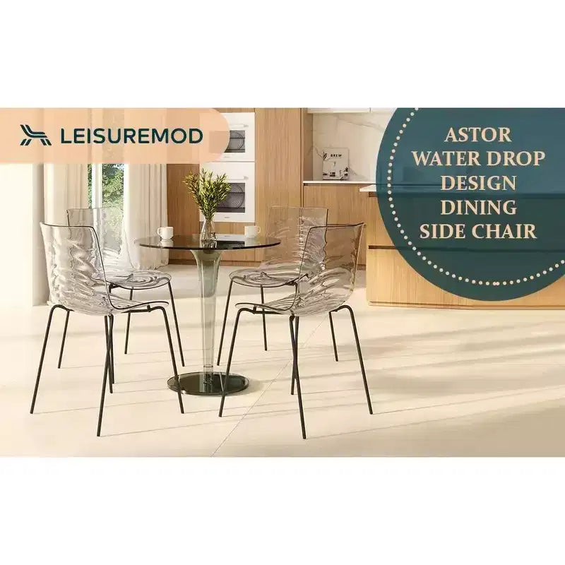 LeisureMod Astor Plastic Dining Chairs Set of 4  Water Ripple Design with Black Stainless Steel Legs, Modern Accent Chairs for Kitchen, Dining Room
