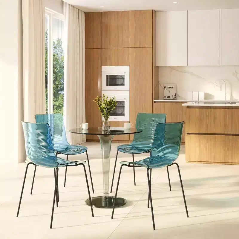 LeisureMod Astor Plastic Dining Chairs Set of 4  Water Ripple Design with Black Stainless Steel Legs, Modern Accent Chairs for Kitchen, Dining Room