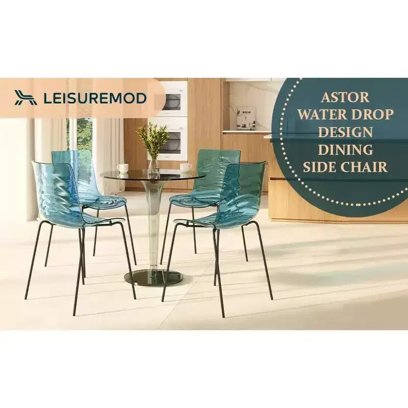 LeisureMod Astor Plastic Dining Chairs Set of 4  Water Ripple Design with Black Stainless Steel Legs, Modern Accent Chairs for Kitchen, Dining Room