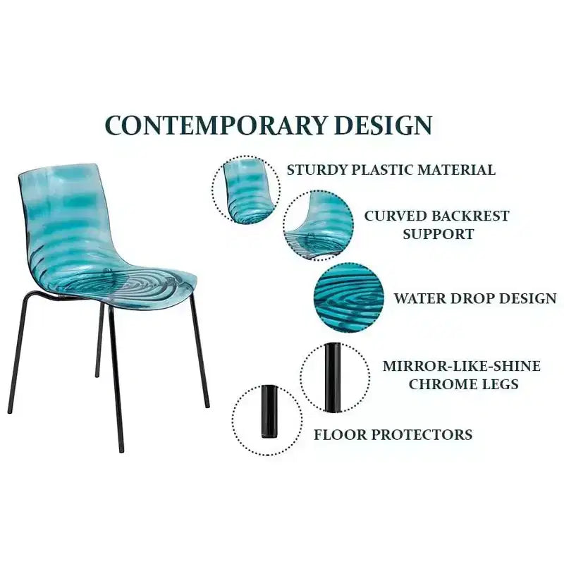 LeisureMod Astor Plastic Dining Chairs Set of 4  Water Ripple Design with Black Stainless Steel Legs, Modern Accent Chairs for Kitchen, Dining Room