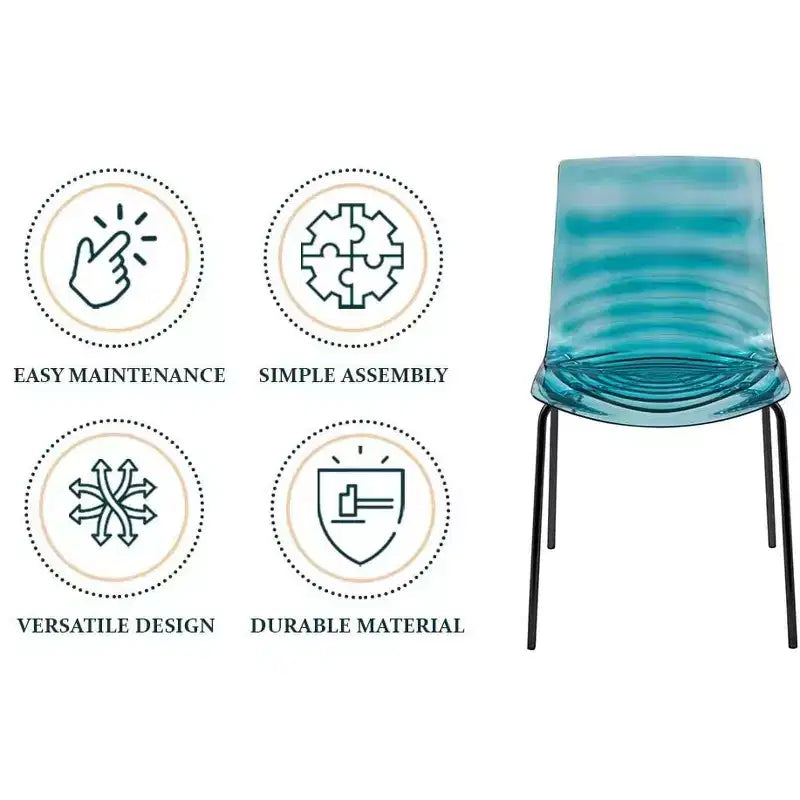 LeisureMod Astor Plastic Dining Chairs Set of 4  Water Ripple Design with Black Stainless Steel Legs, Modern Accent Chairs for Kitchen, Dining Room