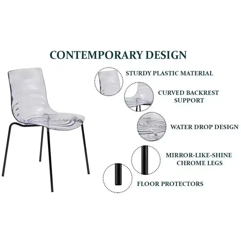 LeisureMod Astor Plastic Dining Chairs Set of 4  Water Ripple Design with Black Stainless Steel Legs, Modern Accent Chairs for Kitchen, Dining Room