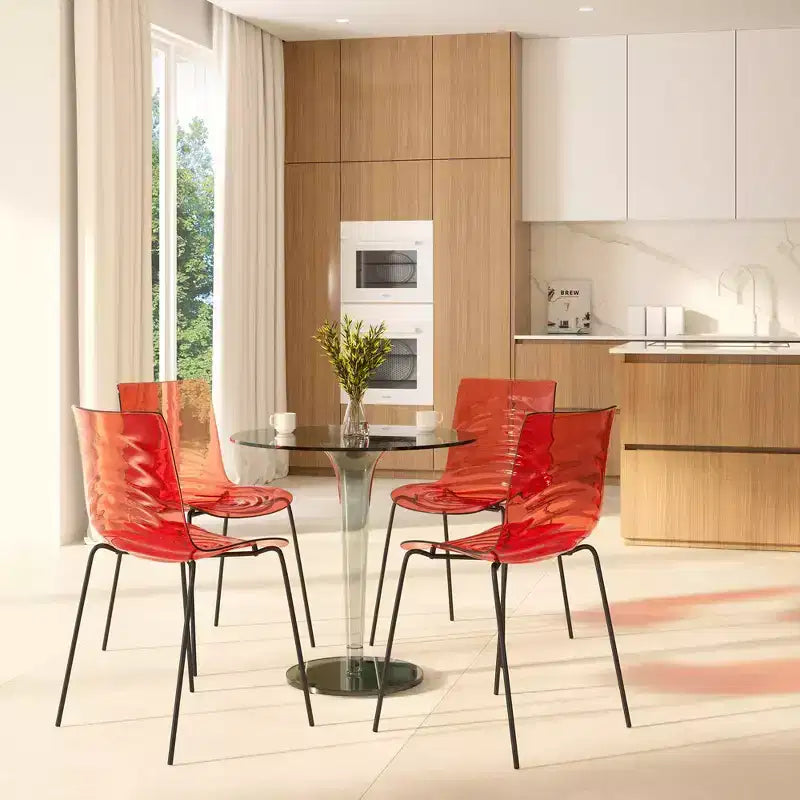 LeisureMod Astor Plastic Dining Chairs Set of 4  Water Ripple Design with Black Stainless Steel Legs, Modern Accent Chairs for Kitchen, Dining Room