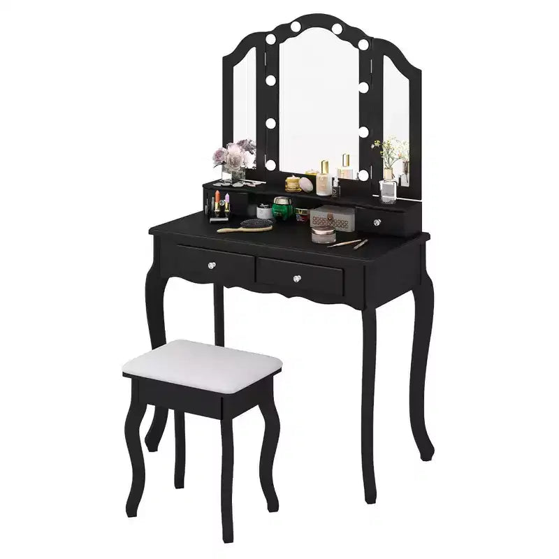 Costway Makeup Vanity Set with Tri-Fold Mirror & LED Lights 4 Drawers Open Shelf White/Black