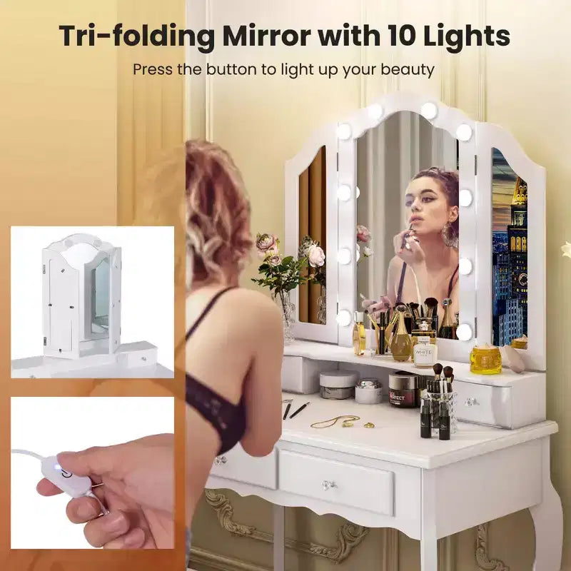 Costway Makeup Vanity Set with Tri-Fold Mirror & LED Lights 4 Drawers Open Shelf White/Black
