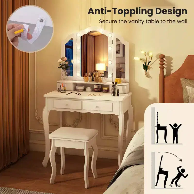 Costway Makeup Vanity Set with Tri-Fold Mirror & LED Lights 4 Drawers Open Shelf White/Black