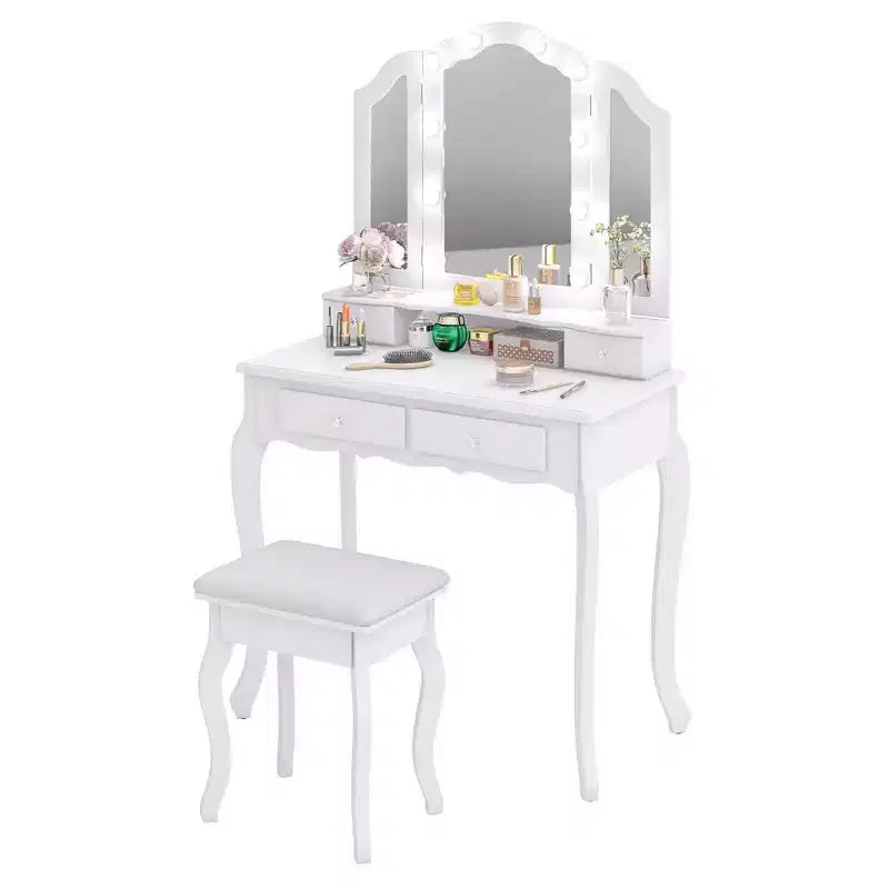 Costway Makeup Vanity Set with Tri-Fold Mirror & LED Lights 4 Drawers Open Shelf White/Black