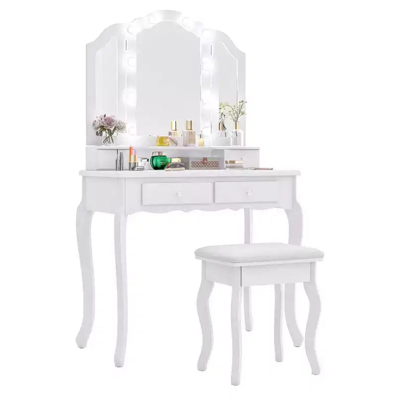Costway Makeup Vanity Set with Tri-Fold Mirror & LED Lights 4 Drawers Open Shelf White/Black
