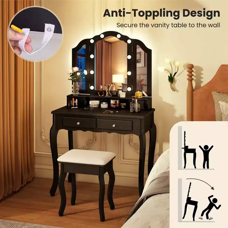 Costway Makeup Vanity Set with Tri-Fold Mirror & LED Lights 4 Drawers Open Shelf White/Black