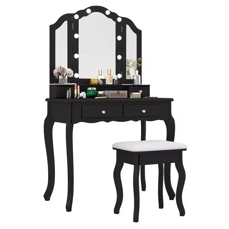 Costway Makeup Vanity Set with Tri-Fold Mirror & LED Lights 4 Drawers Open Shelf White/Black
