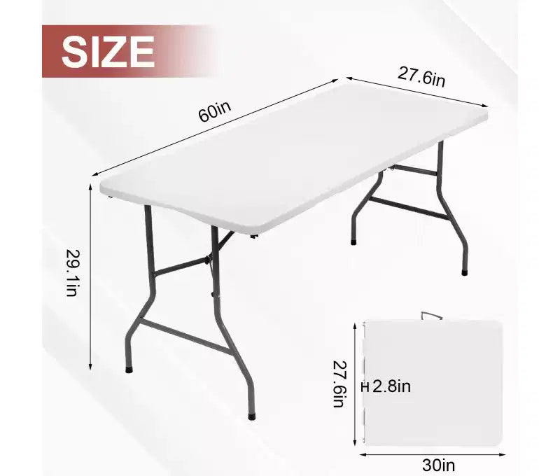 5 Foot Portable Folding Table HDPE Plastic Indoor Outdoor Fold-in-Half White Seats 6 to 8