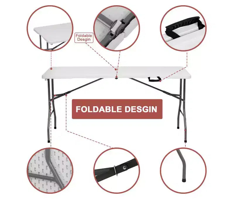 5 Foot Portable Folding Table HDPE Plastic Indoor Outdoor Fold-in-Half White Seats 6 to 8