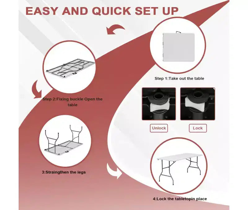 5 Foot Portable Folding Table HDPE Plastic Indoor Outdoor Fold-in-Half White Seats 6 to 8