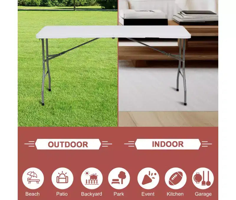 5 Foot Portable Folding Table HDPE Plastic Indoor Outdoor Fold-in-Half White Seats 6 to 8