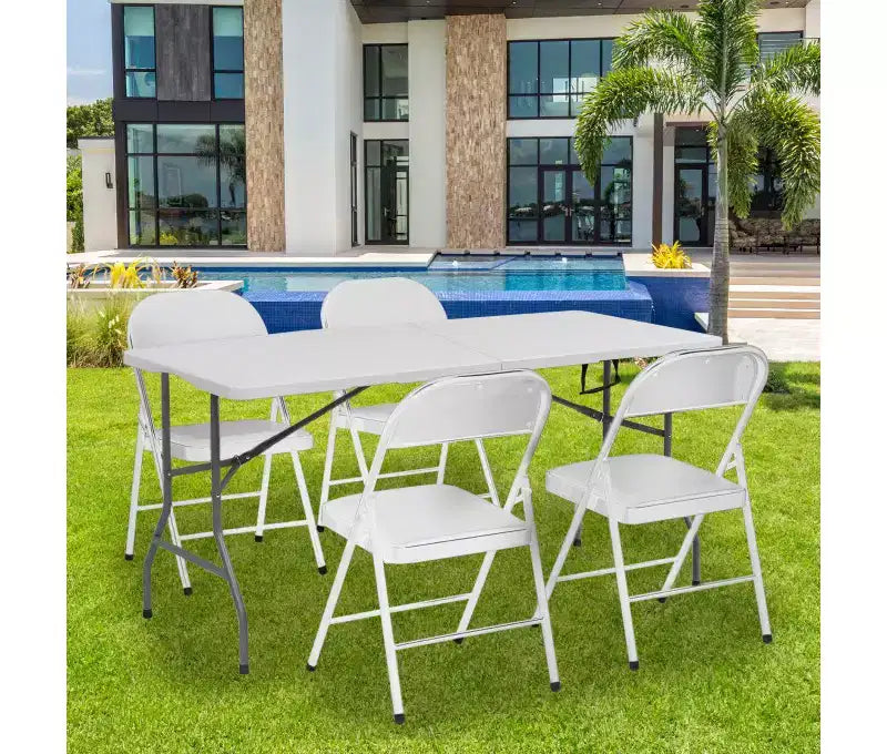 5 Foot Portable Folding Table HDPE Plastic Indoor Outdoor Fold-in-Half White Seats 6 to 8