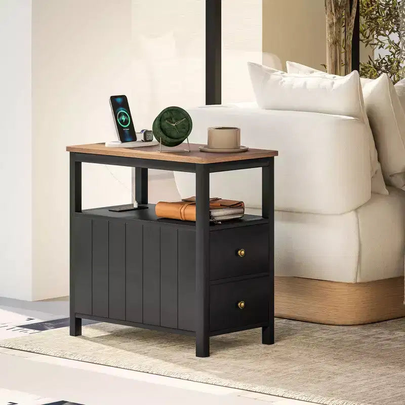 HOMCOM Narrow End Table with Charging Station and USB Ports for Living Room, Modern Side Table with Drawers, Shelf