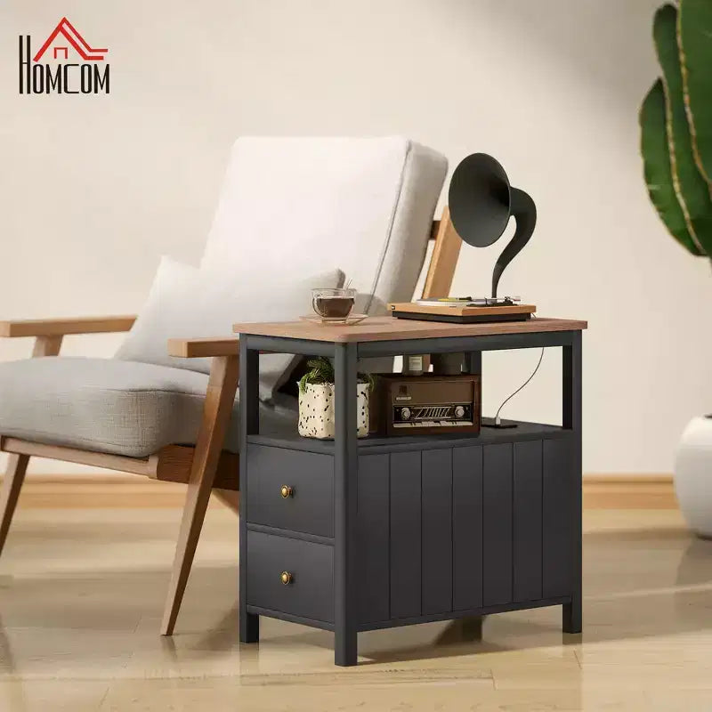 HOMCOM Narrow End Table with Charging Station and USB Ports for Living Room, Modern Side Table with Drawers, Shelf