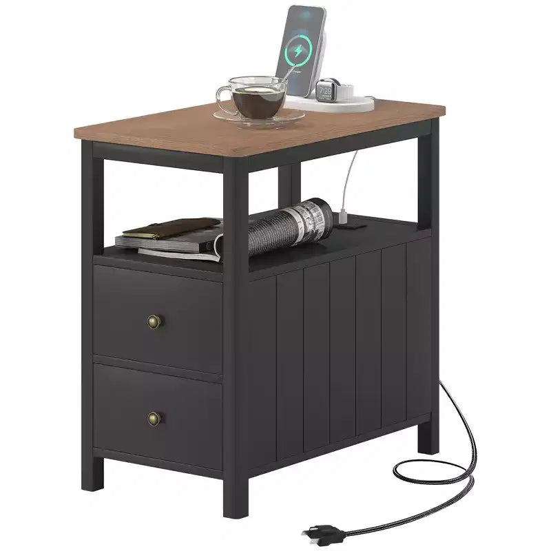 HOMCOM Narrow End Table with Charging Station and USB Ports for Living Room, Modern Side Table with Drawers, Shelf