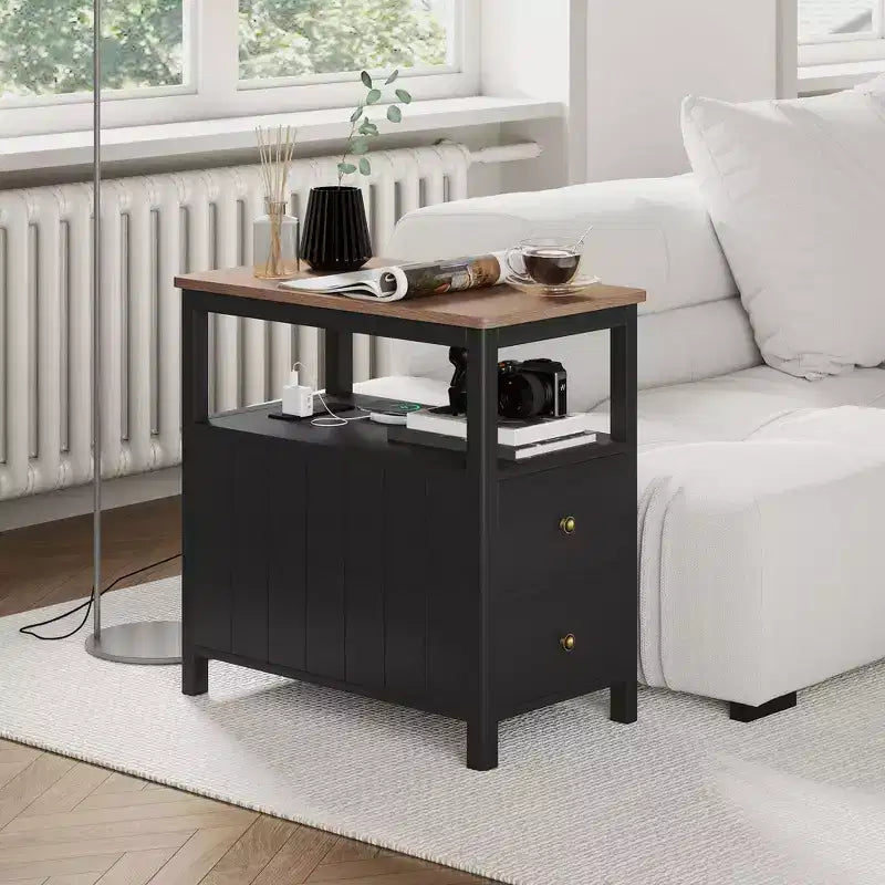 HOMCOM Narrow End Table with Charging Station and USB Ports for Living Room, Modern Side Table with Drawers, Shelf