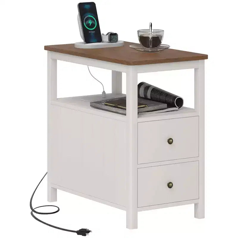 HOMCOM Narrow End Table with Charging Station and USB Ports for Living Room, Modern Side Table with Drawers, Shelf