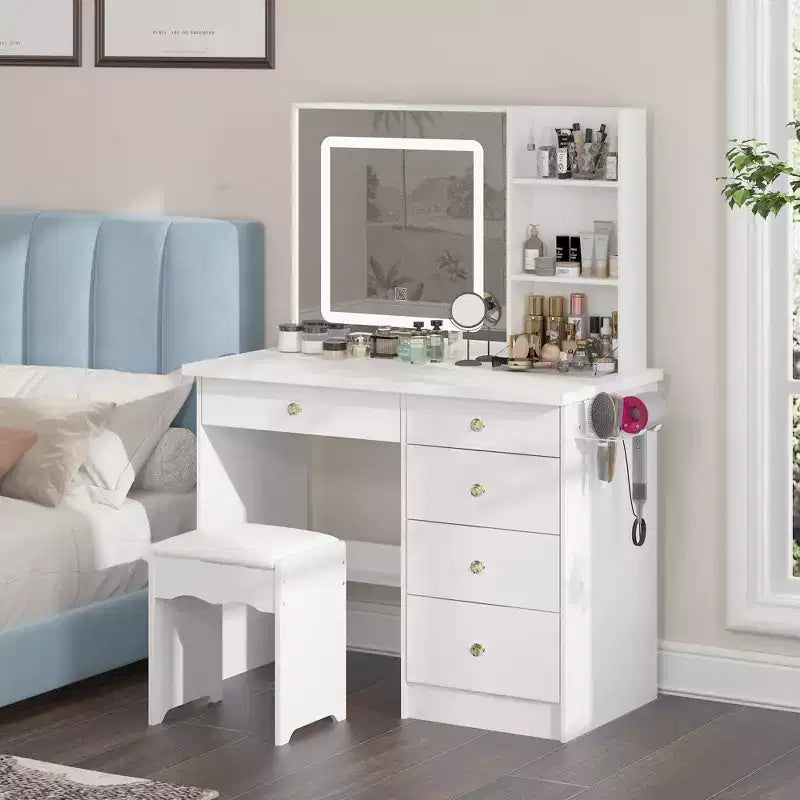 Famapy White Vanity Table Set With Stool,Lighted Makeup Mirror and Charging Station Makeup Vanity Desk Dressing Table Organizer Makeup Vanity Set