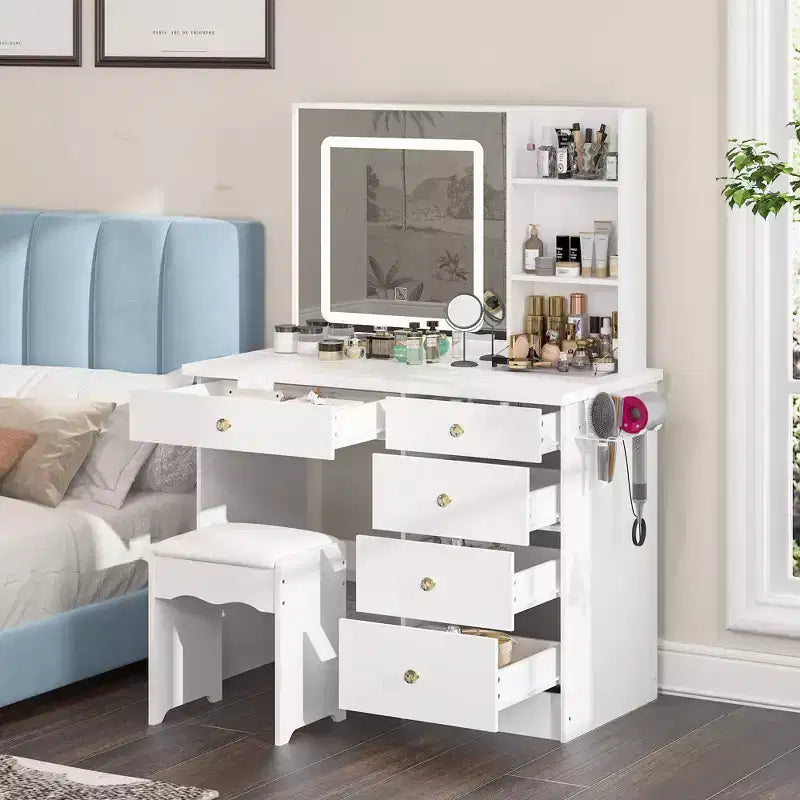 Famapy White Vanity Table Set With Stool,Lighted Makeup Mirror and Charging Station Makeup Vanity Desk Dressing Table Organizer Makeup Vanity Set