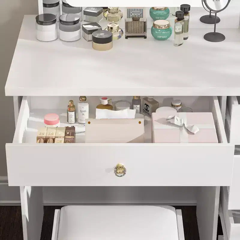 Famapy White Vanity Table Set With Stool,Lighted Makeup Mirror and Charging Station Makeup Vanity Desk Dressing Table Organizer Makeup Vanity Set