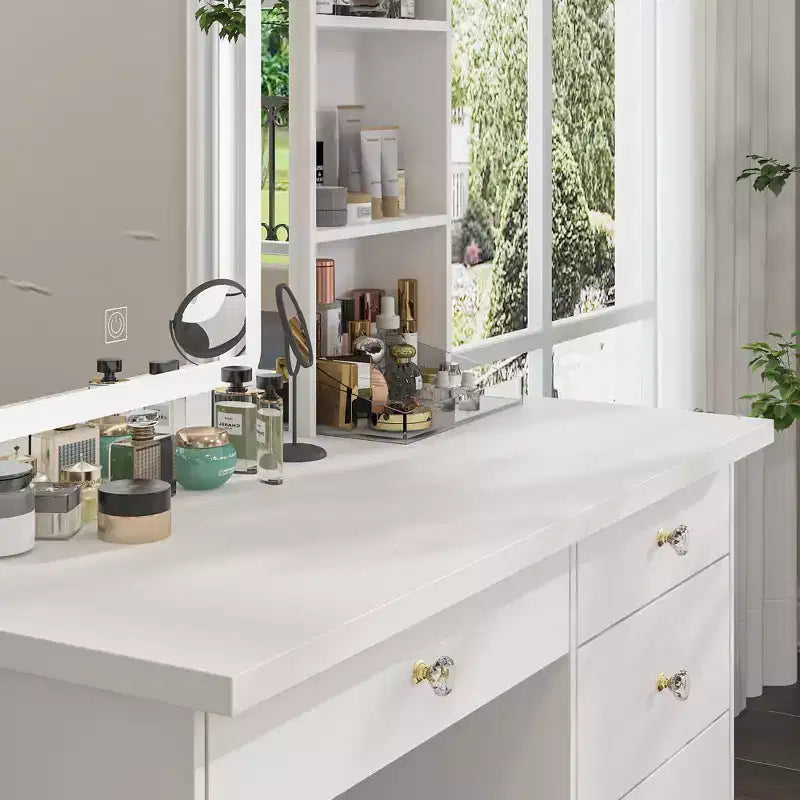 Famapy White Vanity Table Set With Stool,Lighted Makeup Mirror and Charging Station Makeup Vanity Desk Dressing Table Organizer Makeup Vanity Set