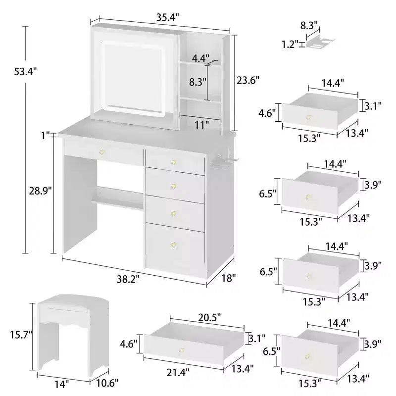 Famapy White Vanity Table Set With Stool,Lighted Makeup Mirror and Charging Station Makeup Vanity Desk Dressing Table Organizer Makeup Vanity Set