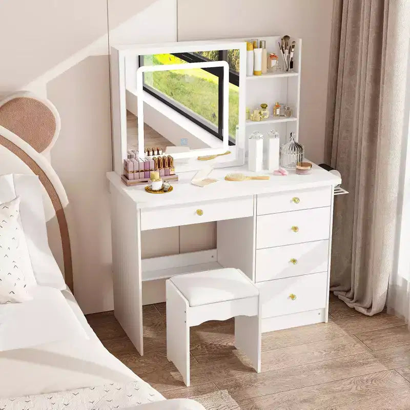 Famapy White Vanity Table Set With Stool,Lighted Makeup Mirror and Charging Station Makeup Vanity Desk Dressing Table Organizer Makeup Vanity Set