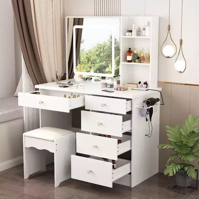 Famapy White Vanity Table Set With Stool,Lighted Makeup Mirror and Charging Station Makeup Vanity Desk Dressing Table Organizer Makeup Vanity Set