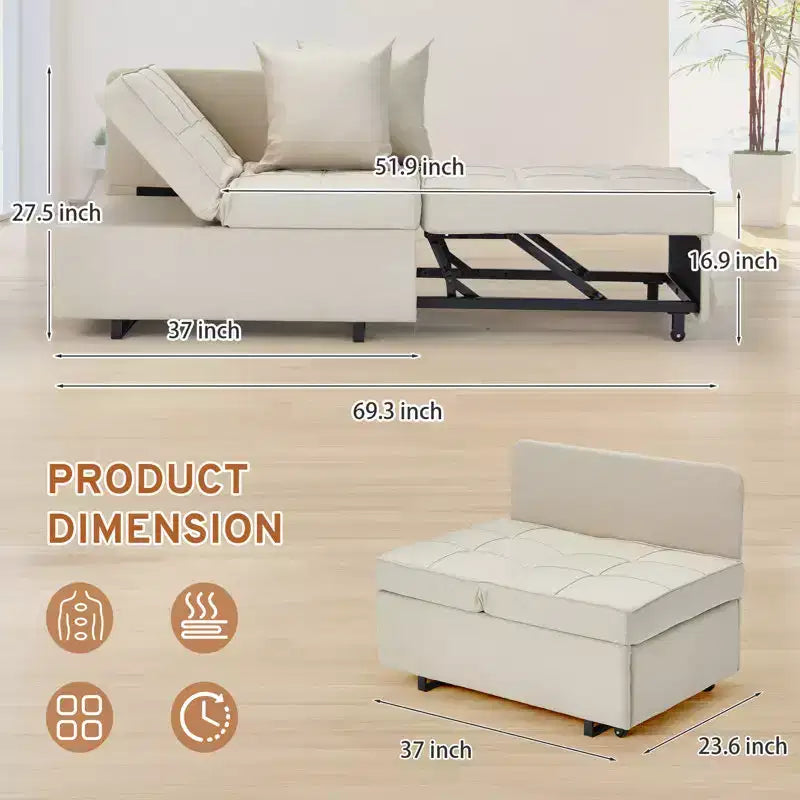 Erommy 3-in-1 Sleeper Sofa Chair Bed , 5-position Adjustable Backrest Pull Out Sofa Bed with Faux Linen Sofa Fabric