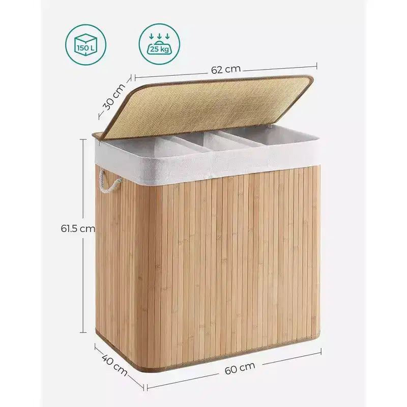 SONGMICS 39.6Gal (150L) Laundry Hamper, 3-Section Laundry Basket, Laundry Hamper with Lid, Bamboo, Foldable