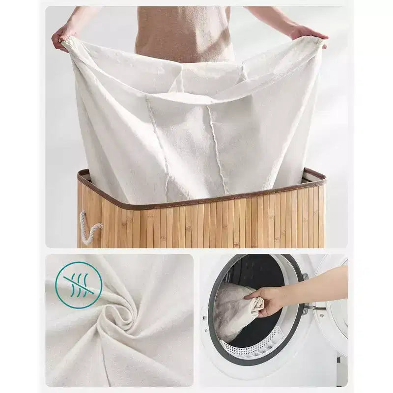 SONGMICS 39.6Gal (150L) Laundry Hamper, 3-Section Laundry Basket, Laundry Hamper with Lid, Bamboo, Foldable